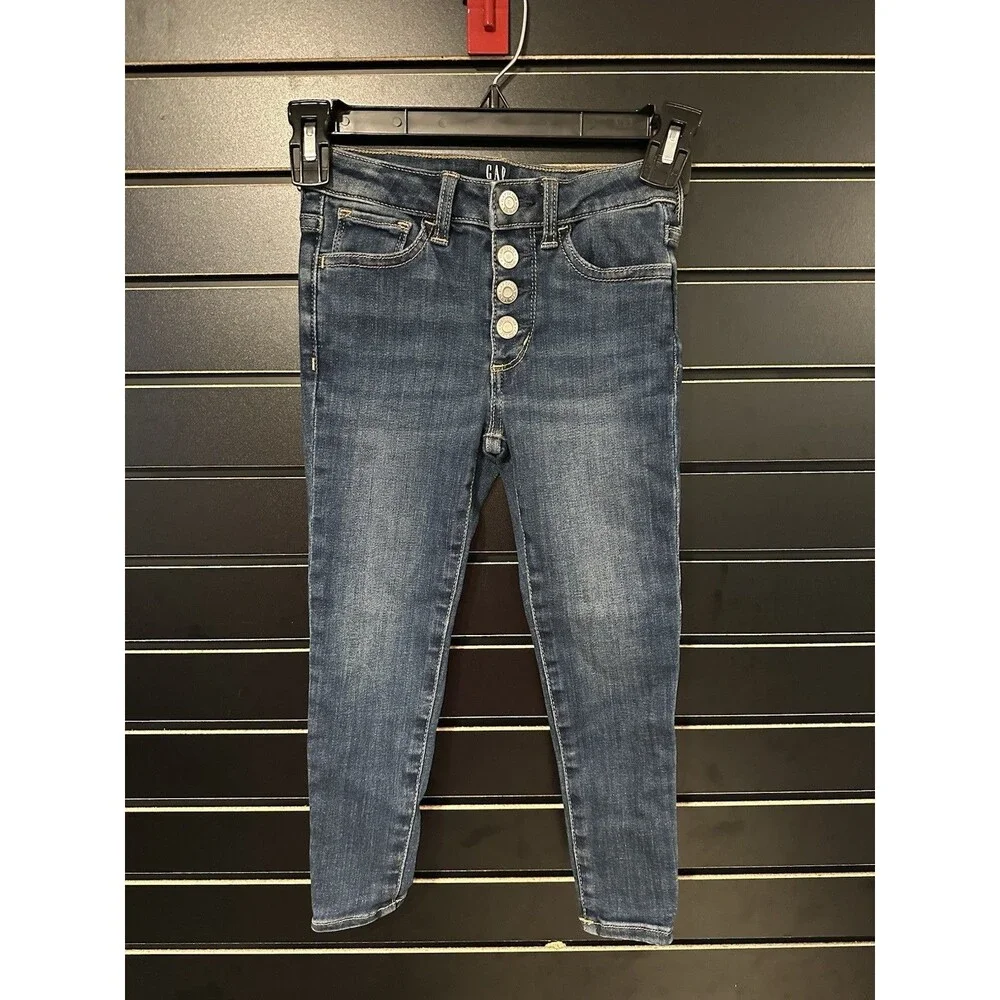 Gap Girls Button Fly Stretch High Rise Jegging Size 5 Adjustable Waist Dark Wash